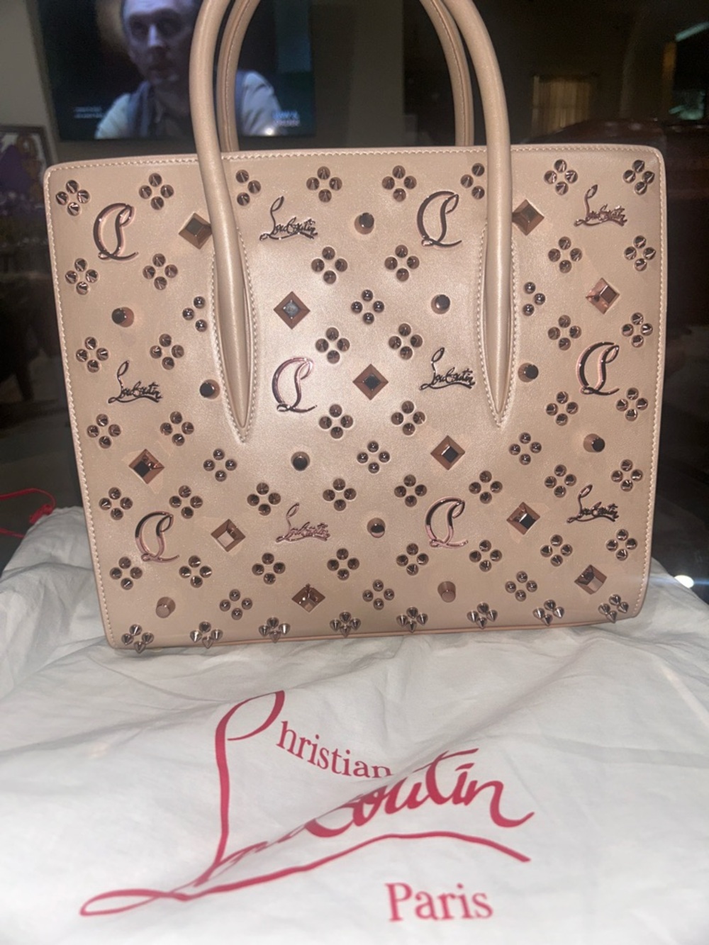 Christian Louboutin Beige Studded Logo Tote